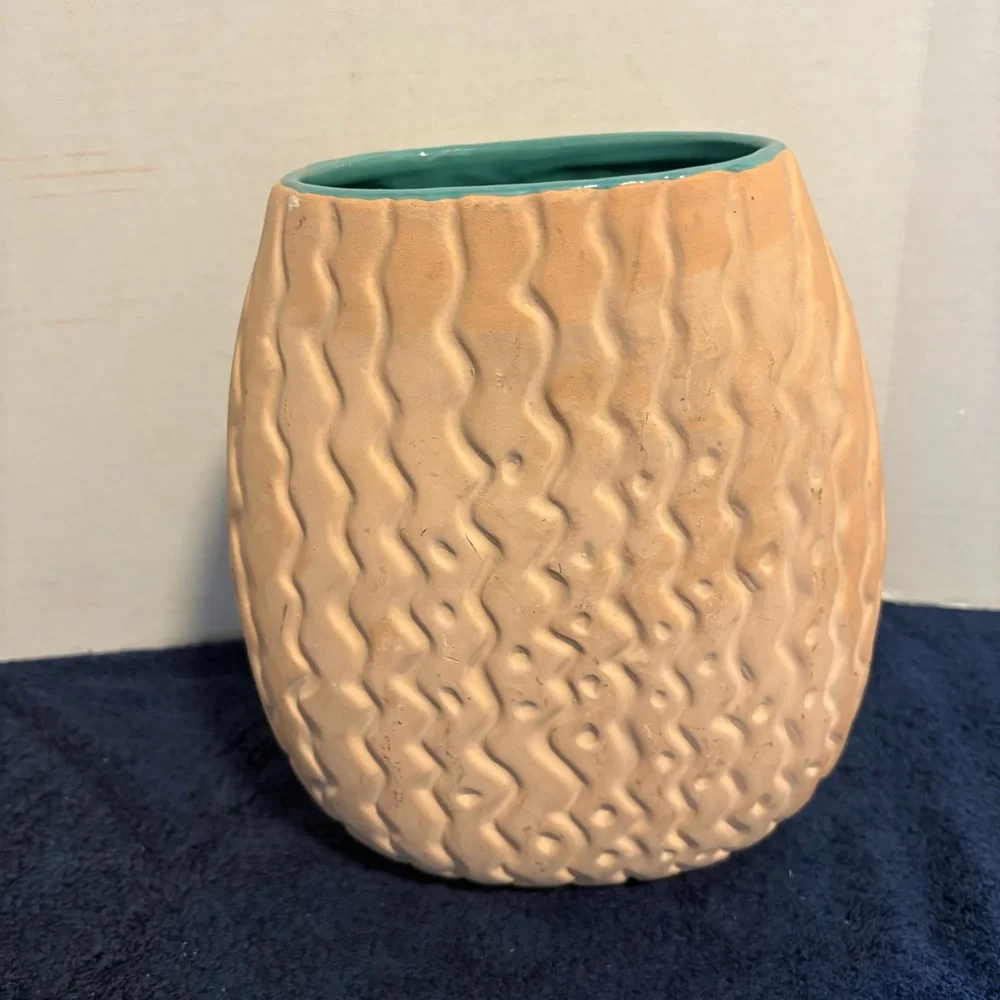 Haeger 10” Terra Madre MCM Large Vase Unglazed Textured Surface w/ Teal Interior